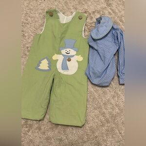 La Jenns Green Snowman Overalls with Blue Polka Dot Shirt
